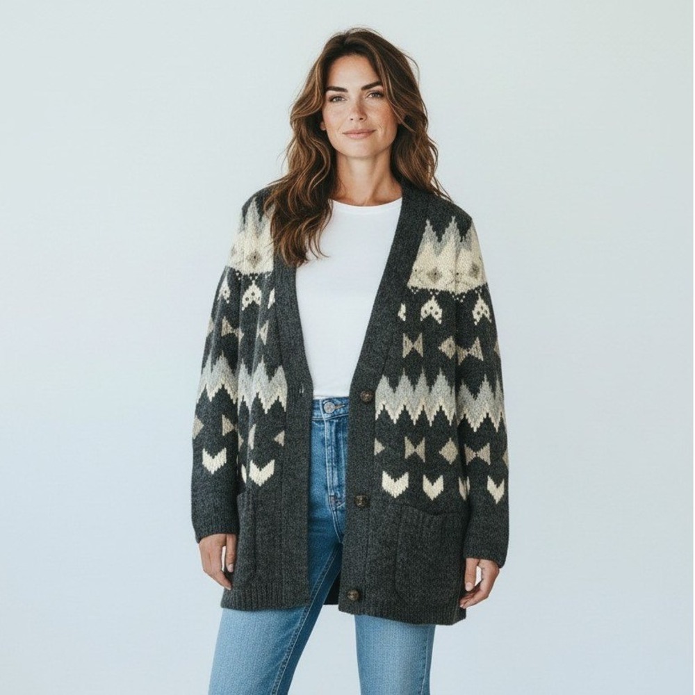J. Jill Cardigan Fair Isle Nordic Womens S Dark Charcoal Wool Blend NWT $149